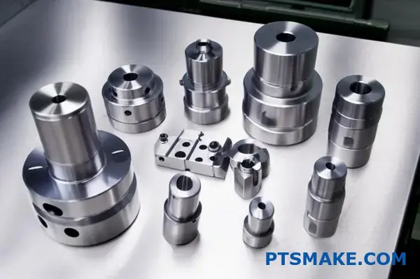 Various anti-fingerprint coated stainless steel components displaying different production volumes and lead times on industrial surface