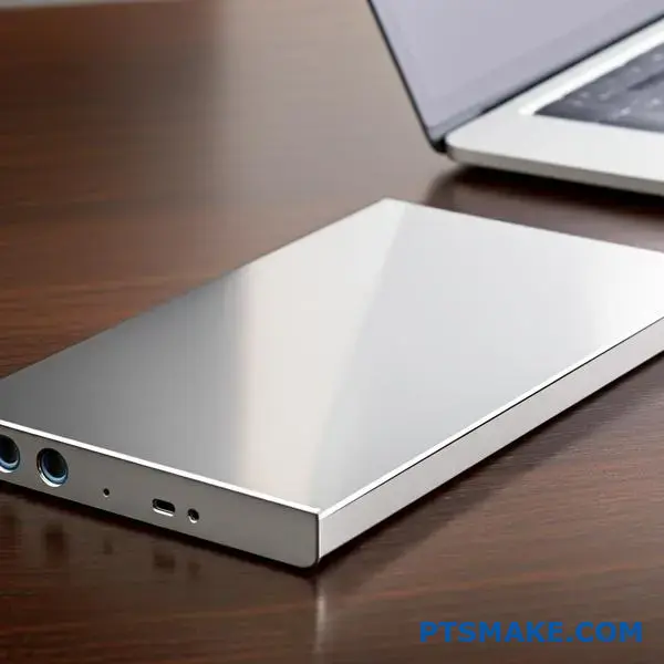 Clean stainless steel electronic housing with fingerprint-resistant coating on wooden desk surface