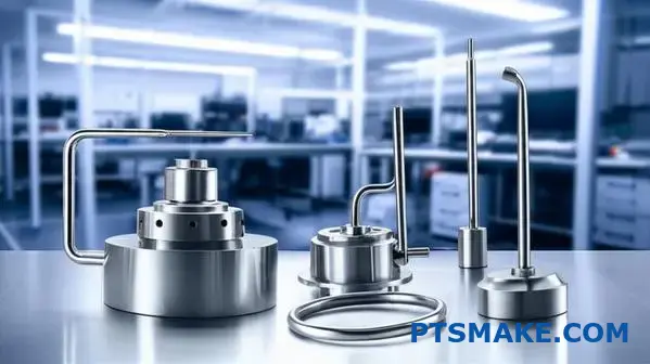 Professional stainless steel medical device parts with anti-fingerprint coating displayed on laboratory surface