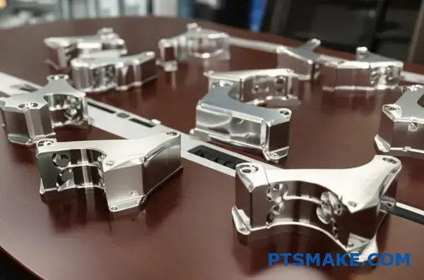 Коллекция алюминиевых деталей с покрытием из химического никеля, отличающихся однородной металлической поверхностью и точными допусками по размерам.