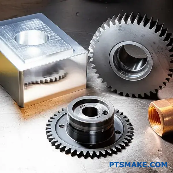 Различные металлические компоненты, включая алюминиевые, стальные и медные детали, подготовленные для процесса химического никелирования на промышленной рабочей поверхности.