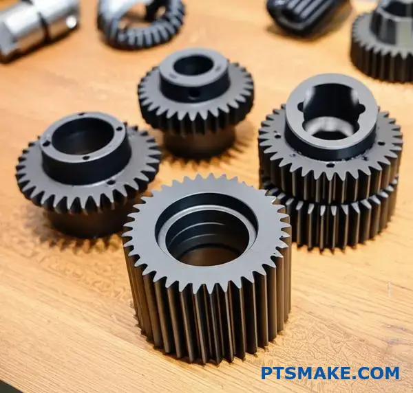 Precision machined steel gears with dark oxide coating treatment on workshop surface