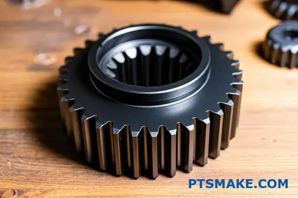 Precision metal gear with black oxide surface treatment showing enhanced corrosion resistance and dimensional accuracy