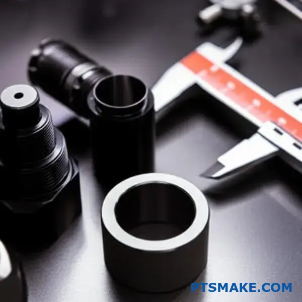 Black oxide coated precision machined parts being measured with calipers showing dimensional accuracy and dark protective finish