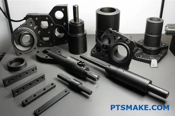 Various black oxide finished metal components displaying dark protective coating on industrial work surface