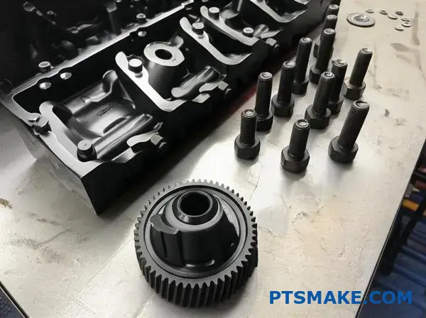 Dark coated metal engine parts showing black oxide surface treatment finish on workshop surface