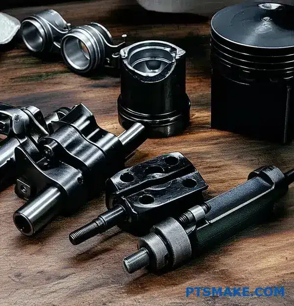 Various mechanical parts with dark oxide surface treatment displaying corrosion resistance and enhanced lubrication properties