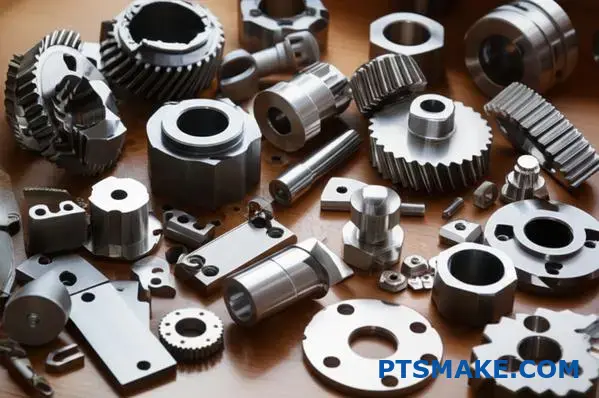 Various precision machined components displaying different surface treatments and oxide coating alternatives on industrial workspace