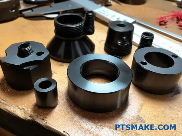 Metal components with black oxide coating displaying various surface roughness levels and textures