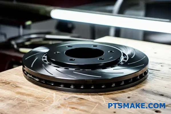 Automotive brake rotor with blackened surface treatment displayed on workshop table showing oxide finish quality