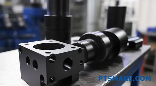 Dark finished steel components showing black oxide protective coating treatment on industrial surface