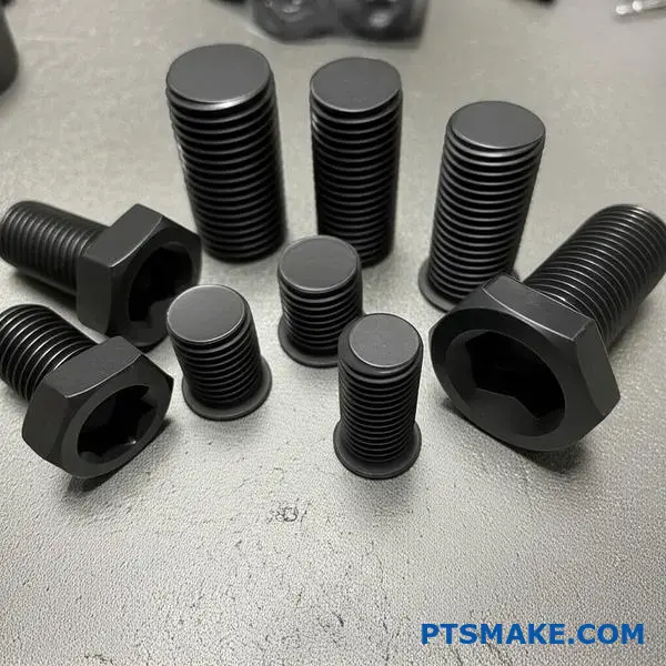 Forskellige sortoxidbelagte fastgørelseselementer og skruer udstillet på industriel overflade med korrosionsbestandig finish