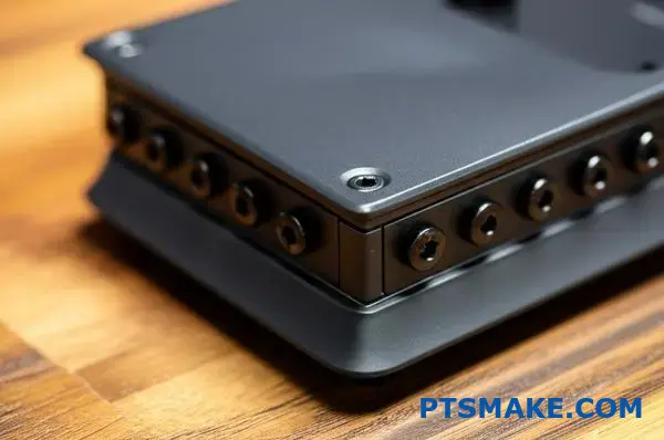 Mørke skruer med oxidfinish, der er integreret i det sorte elektroniske hus, hvilket giver et flot udseende.