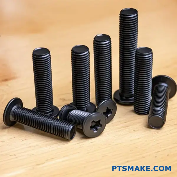 Forskellige sortoxiderede stålskruer og fastgørelseselementer anbragt på træoverflade med mørk metallisk finish