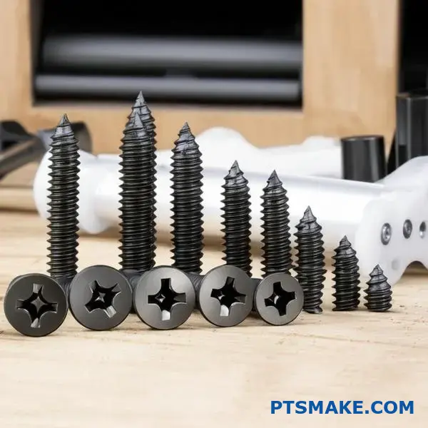 Mørke belagte fastgørelseselementer med aluminiums- og plastkomponenter på arbejdsbænkens overflade