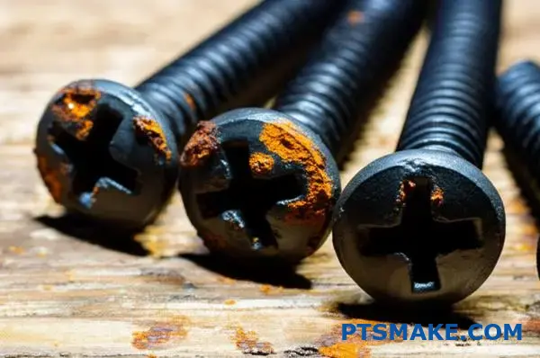 Nærbillede af skruer med sort oxidfinish med synlig korrosion og rustskader på træoverfladen