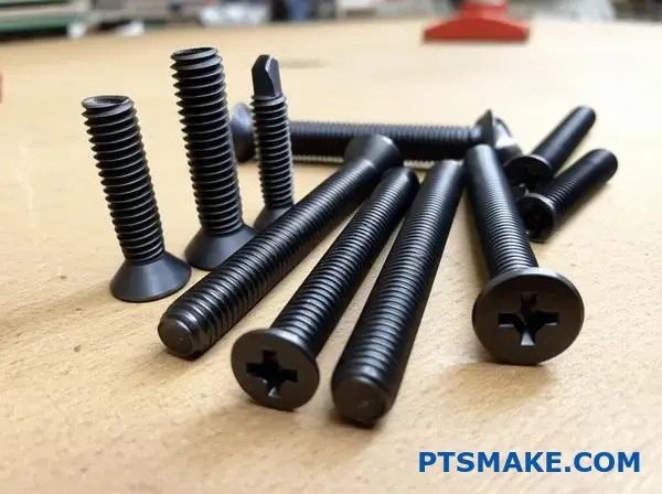 Forskellige sortoxidbehandlede stålskruer udstillet på arbejdsbænken, der viser mørk konverteringsbelægning og præcisionsgevind.