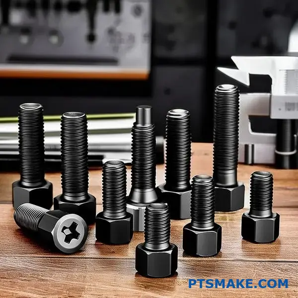 Sort oxiderede skruer i rustfrit stål med forbedret belægning på arbejdsbænk, der viser forbedret korrosionsbestandighed