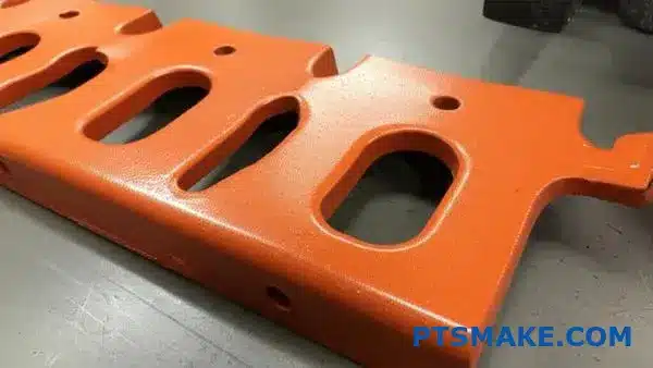Metal automotive brackets displaying powder coating defects including orange peel texture and surface imperfections on industrial workbench