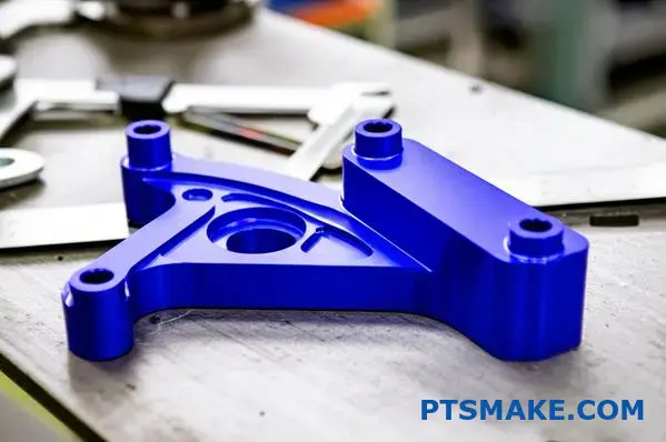Blue powder coated aluminum bracket with precision dimensions for automotive applications showing professional surface coating services quality