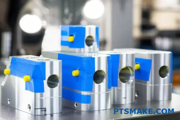 Precision machined components with masking tape and plugs protecting threads during powder coating preparation process