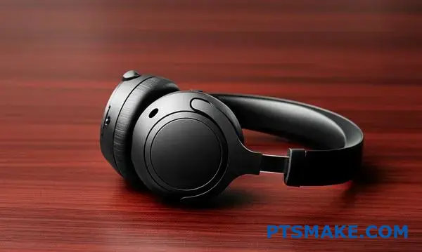 High-end wireless headphones showcasing professional powder coating services with smooth matte black finish on conference table
