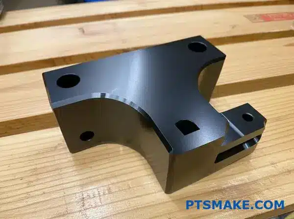 Close-up of powder coated metal component showing machined surfaces and coating finish quality for manufacturing applications