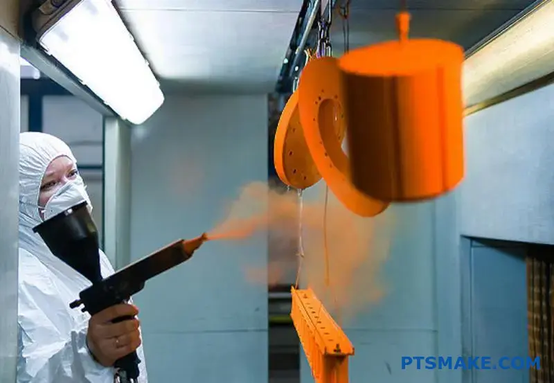 Worker Applying Orange Powder Coating to Metal Parts