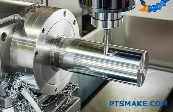 CNC-machine snijdt roestvrijstalen cilindrische component en toont de precisiebewerking van corrosiebestendig legeringsmateriaal