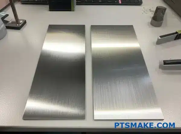 Twee roestvrijstalen metalen platen met verschillende kwaliteiten en oppervlakteafwerkingen voor materiaalvergelijking