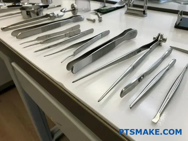 Meerdere onderdelen van 301 roestvrij staal met verschillende oppervlakteafwerkingen op laboratoriumtafel