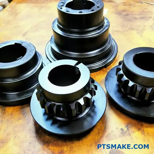 優れた耐摩耗性と保護被膜の利点を示す、ダークオキサイド仕上げの機械式歯車