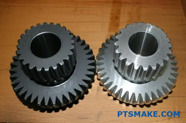 黒色酸化処理と亜鉛めっき鋼歯車の比較:作業台上で表面被膜の違いを示す