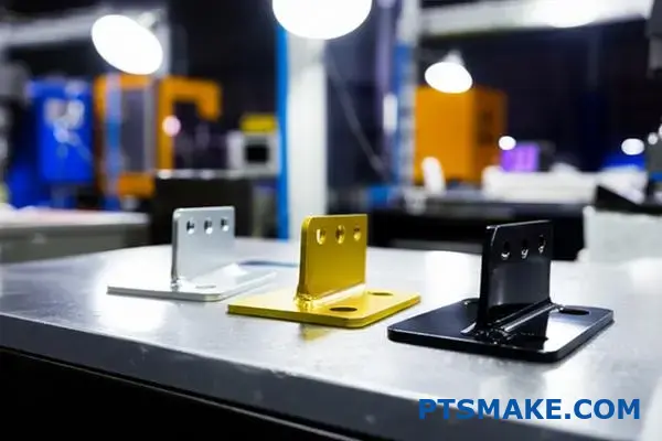 作業台上に置かれた亜鉛メッキ金属ブラケット3点。それぞれ明瞭な黄色と黒色のメッキ仕上げの差異が確認できる。