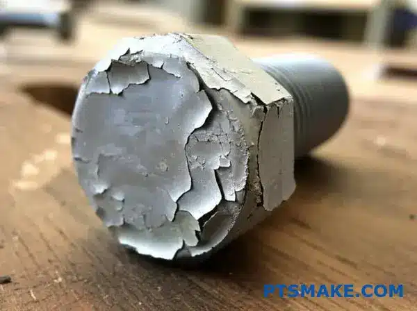 亜鉛めっきの劣化が見られる鋼製ボルト。表面に剥離および欠け損傷が確認できる。