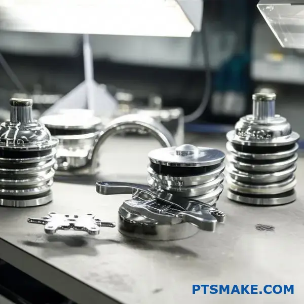 Vergelijking van verchroomde en vernikkelde auto-onderdelen met verschillende oppervlakteafwerkingen en coatingkwaliteit op een werkbank