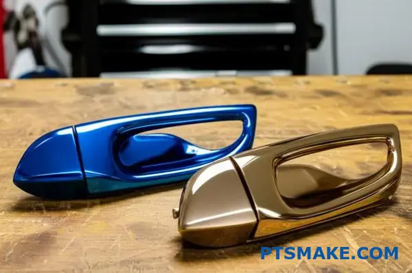 Vergelijking van verchroomde en vernikkelde autodeurhendels met verschillende oppervlakteafwerkingen en kleurtinten