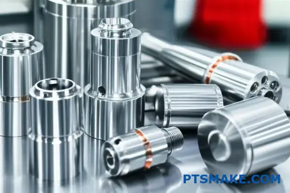 Various chrome plated cylindrical parts including shafts and pistons showcasing hard chrome surface treatment for industrial applications