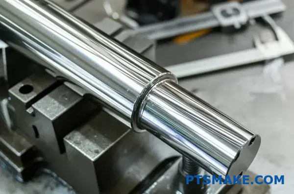 Industrial chrome plated steel component showing enhanced surface hardness and wear resistance coating on workbench