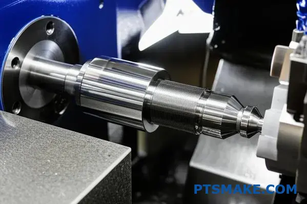 Chrome plated metal component undergoing precision grinding for dimensional accuracy and hard chrome surface finishing