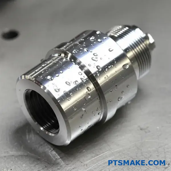 Close-up of polished chrome plated cylindrical part with reflective surface finish on industrial workbench