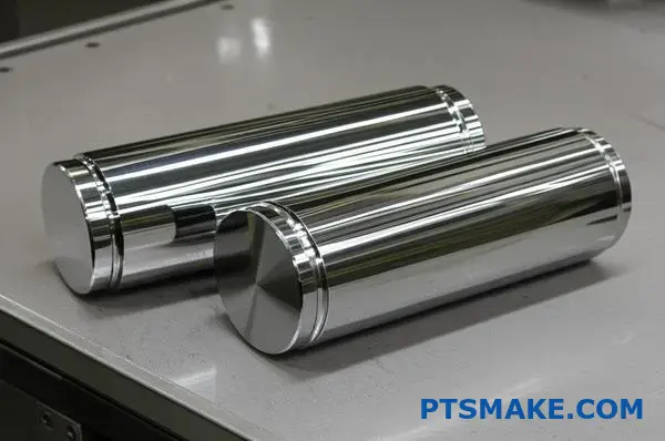 Two precision metal shafts showcasing different chrome plating thicknesses for industrial component protection and performance enhancement