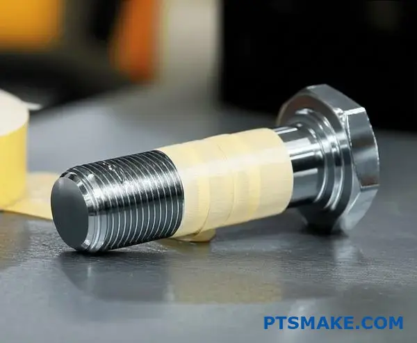 Precision threaded component with protective masking for hard chrome electroplating process on industrial workbench