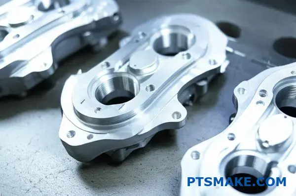 Præcisionsbearbejdede bremsekaliperdele klar til zink-nikkelbelægning på værkstedets bord