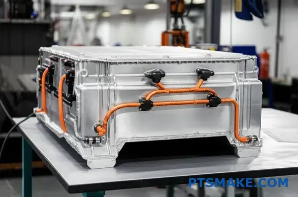 Moderne EV-batteripakke med zink-nikkel-beskyttelsesbelægning på produktionsbordet, der viser korrosionsbestandighed