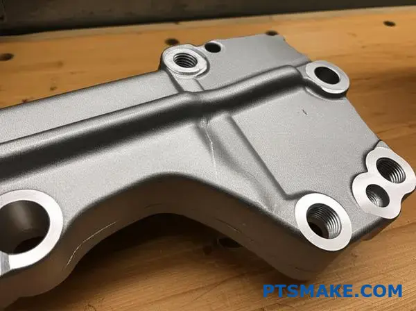 Silver automotive bracket showing zinc flake coating surface finish with precise threaded holes and metallic protective layer