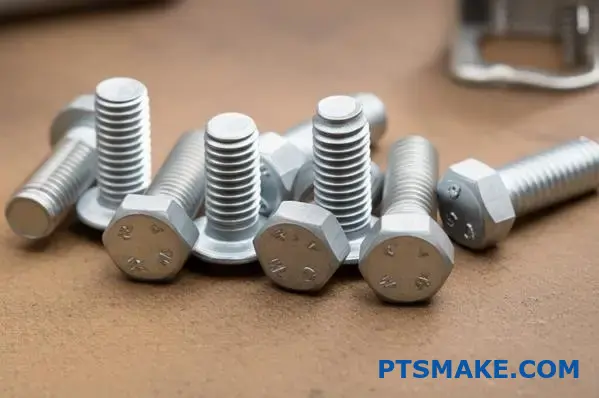 Silver-gray Dacromet coated automotive bolts showcasing anti-corrosion protective surface treatment on workshop table