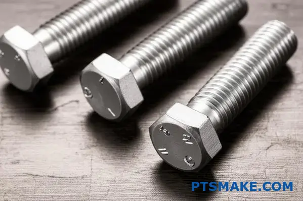 Silver Dacromet-coated bolts and nuts displaying zinc-aluminum corrosion protection coating on threaded metal fasteners