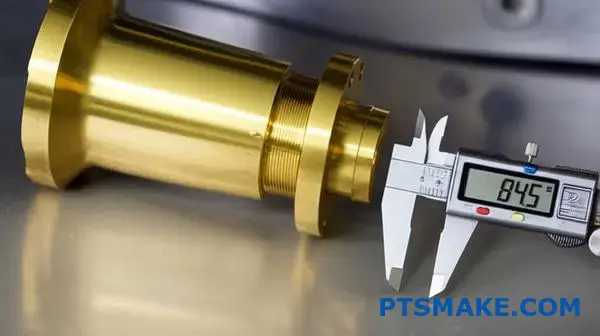 Digital calipers measuring gold-plated metal shaft showing precision dimensional accuracy and golden surface coating thickness