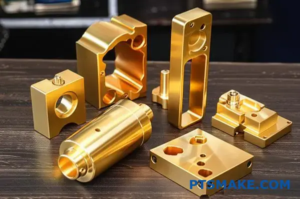 Collection of gold-finished precision machined components showing various base materials with lustrous golden coating surface treatment